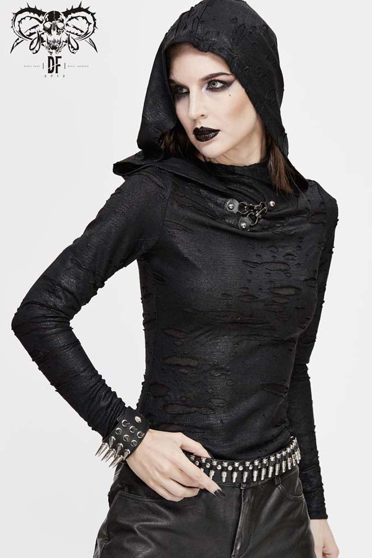 Black Hooded Snakeskin Ripped Pattern Triangle Metal Nail Asymmetrical Women's Punk Shirt - Product - 4
