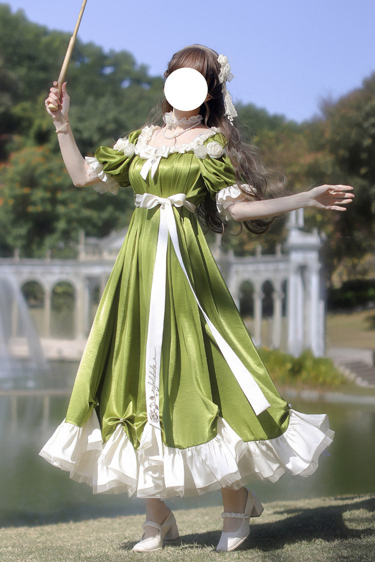 Green Square Collar Short Sleeves Ruffle Bowknot Sweet Regency-Style Vintage (Dress Only) detail view 4