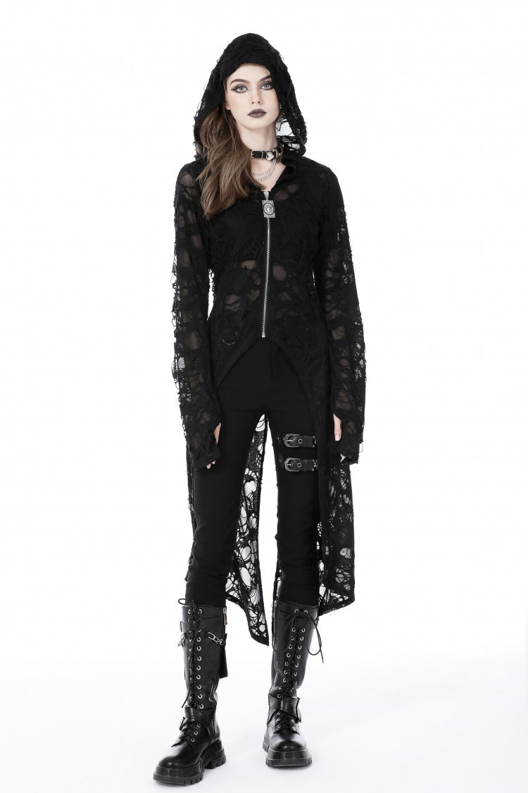 Black Long Sleeves Split Ripped Zippered Women's Punk Long Coat with Hood - Product - 5