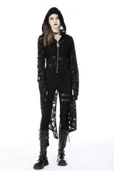 Black Long Sleeves Split Ripped Zippered Women's Punk Long Coat with Hood - Product - 5