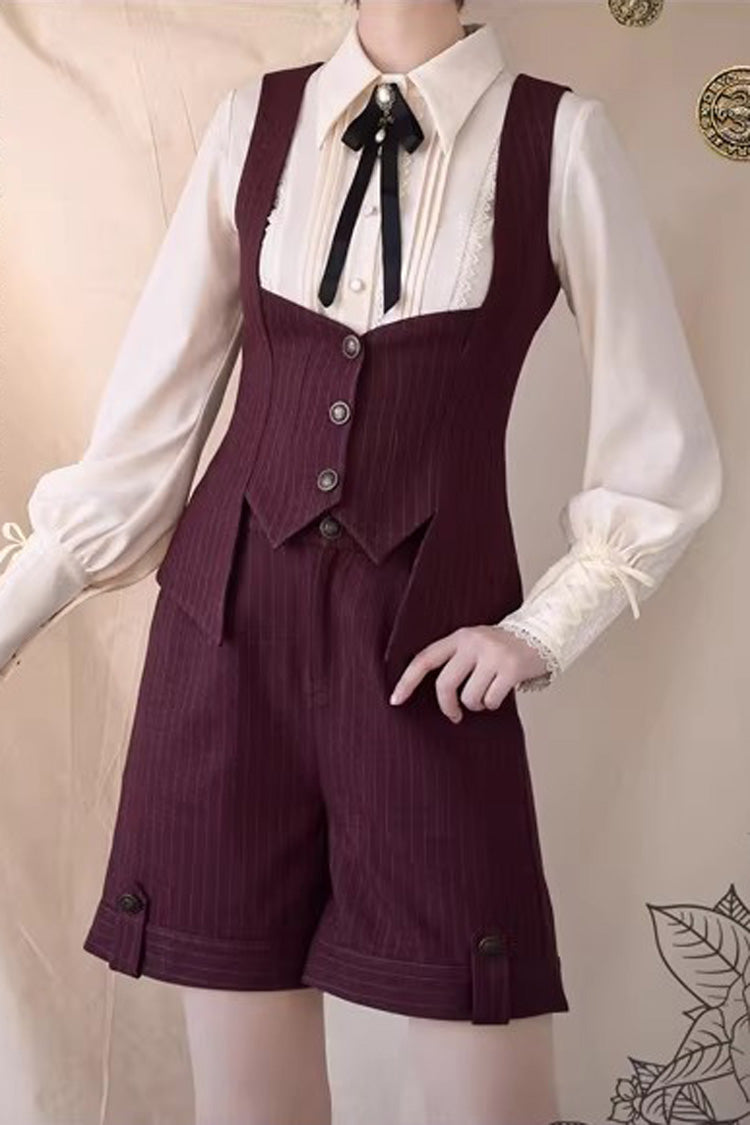 Red [Griffin’s Pact] Bust Support Striped Printed Gothic Ouji Lolita Shorts Vest Set - Product - 3