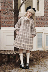 Light Brown Doll Collar Long Sleeves Multi-layer Print Bowknot Sweet College Style Lolita Dress Coat - Product - 8