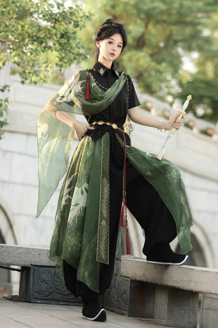 Black/Green Lapel Collar Short Sleeves Embroidered Sweet Chinese Inspired Wuxia Style Ouji Hanfu Pants Set - Product - 5