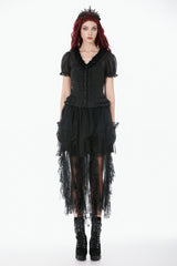 Black Deep V Collar Short Puff Sleeves Multi-Layered Ruffled Lace Sheer Women's Gothic Blouse - Product - 5