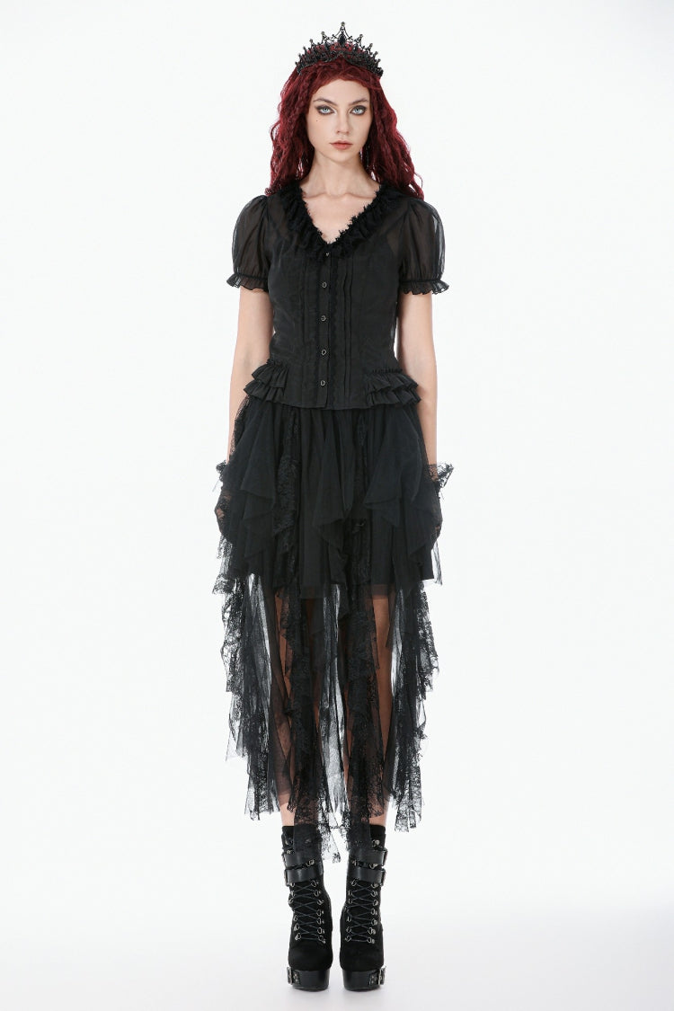 Black Deep V Collar Short Puff Sleeves Multi-Layered Ruffled Lace Sheer Women's Gothic Blouse - Product - 5