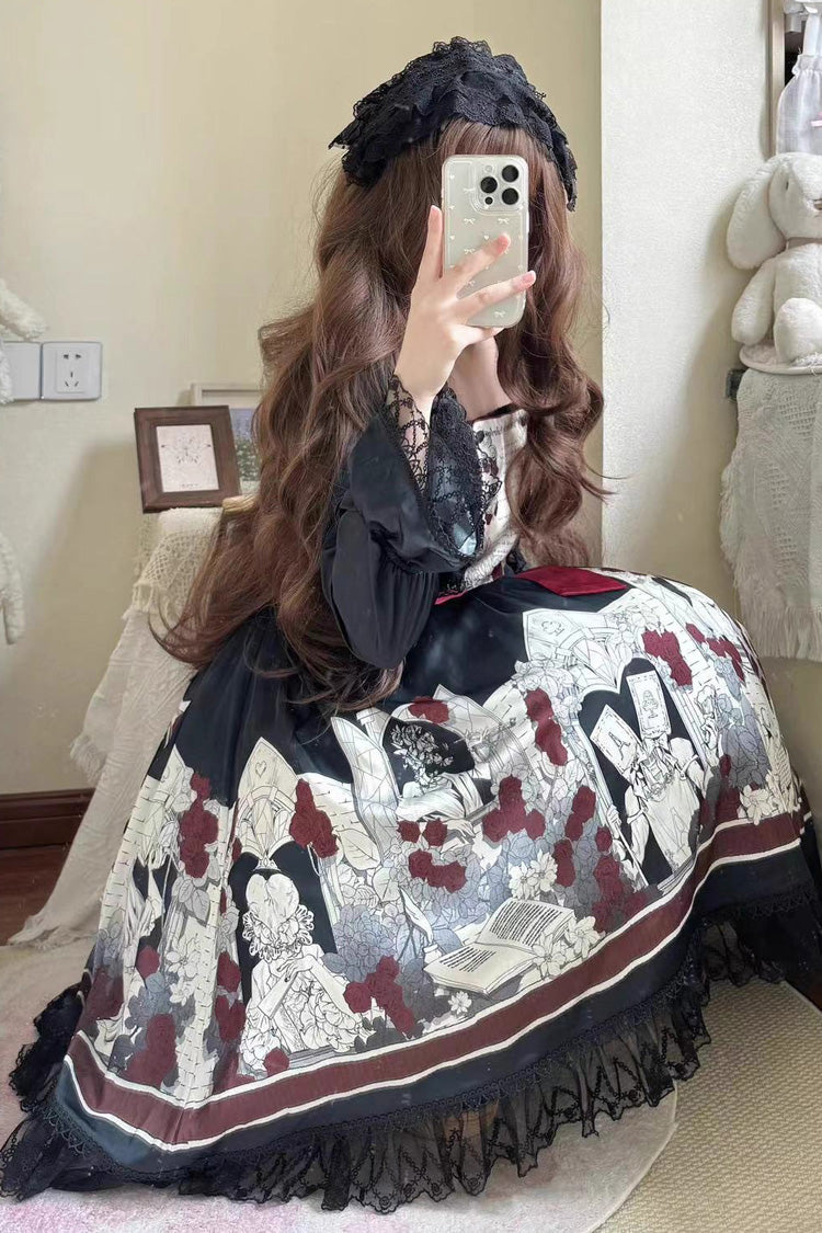 Black [Alice of the Asylum] Print Bowknot Lace Gothic Lolita Dress 2 Versions - Product - 13
