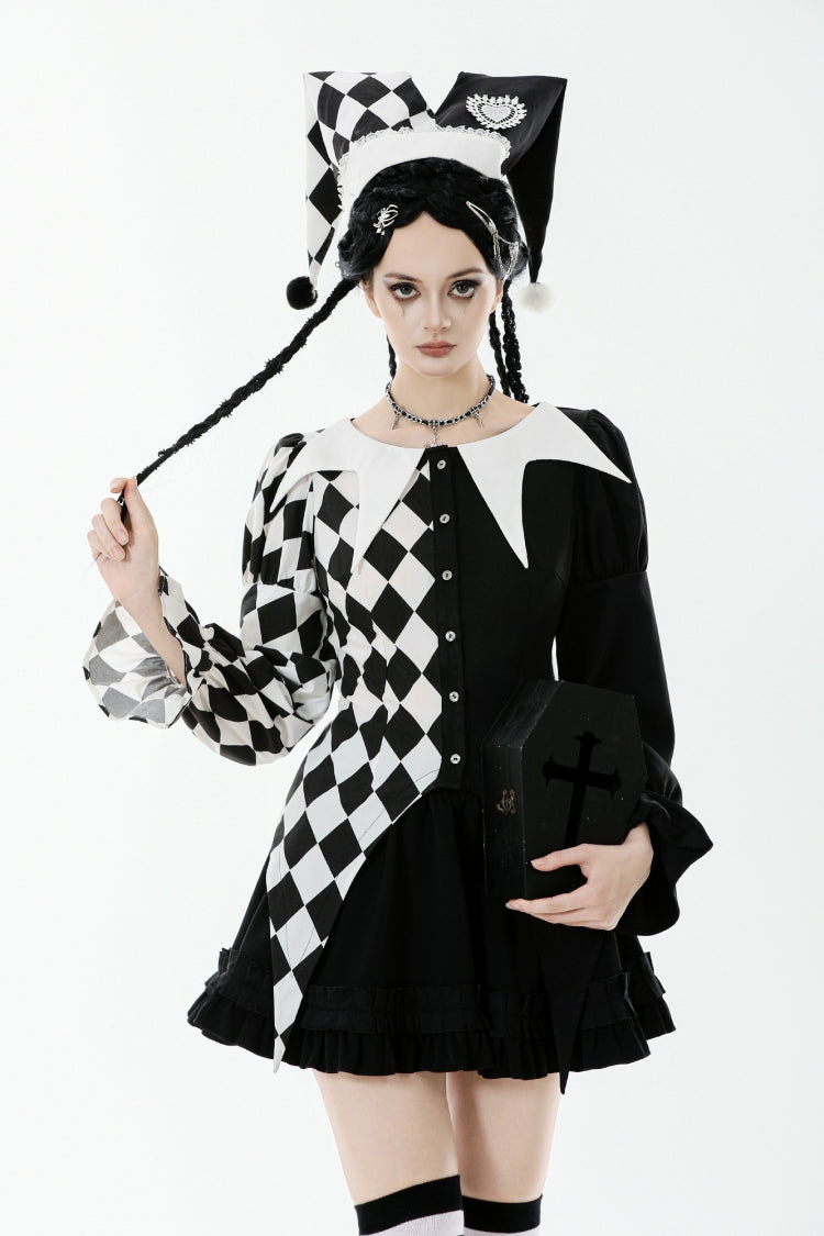 Black/White Harlequin Collar Diamond Pattern Color-Blocked Long Puff Flare Sleeves Women's Gothic Blouse - Black/White - 1