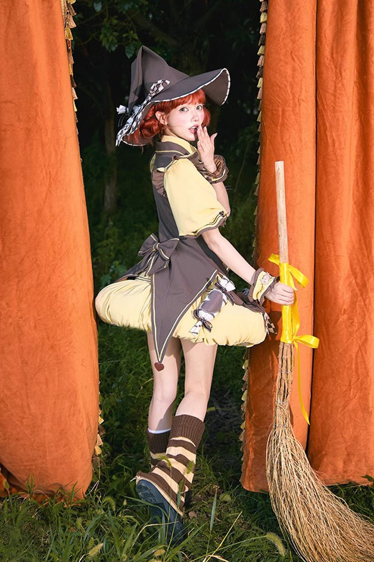 Brown/Yellow [Witch and Paradise] Short Sleeves Ruffle Bowknot Sweet Japanese Halloween Lolita Dress Vest Set - Product - 3
