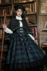 Blue/Green [Berlin's letter] Double-Layered Plaid Print Ruffle Bowknot Classic College Style Lolita Strap Dress Set 2 Versions - Product - 18
