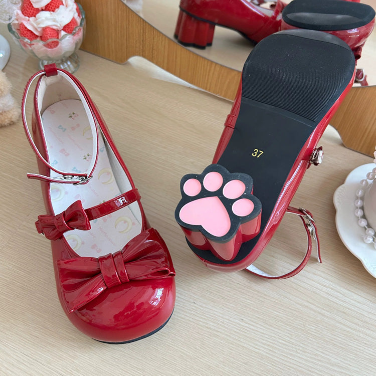 Round Toe Bow Mid Heel Lolita Mary Jane Shoes with Cat Paw Heels 7 Colors - Wine-Red - 1