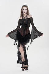 Black/Red Off Shoulder Long Trumpet Sleeves Ruffled Embroidered Lace-Up Women's Gothic Blouse - Product - 12