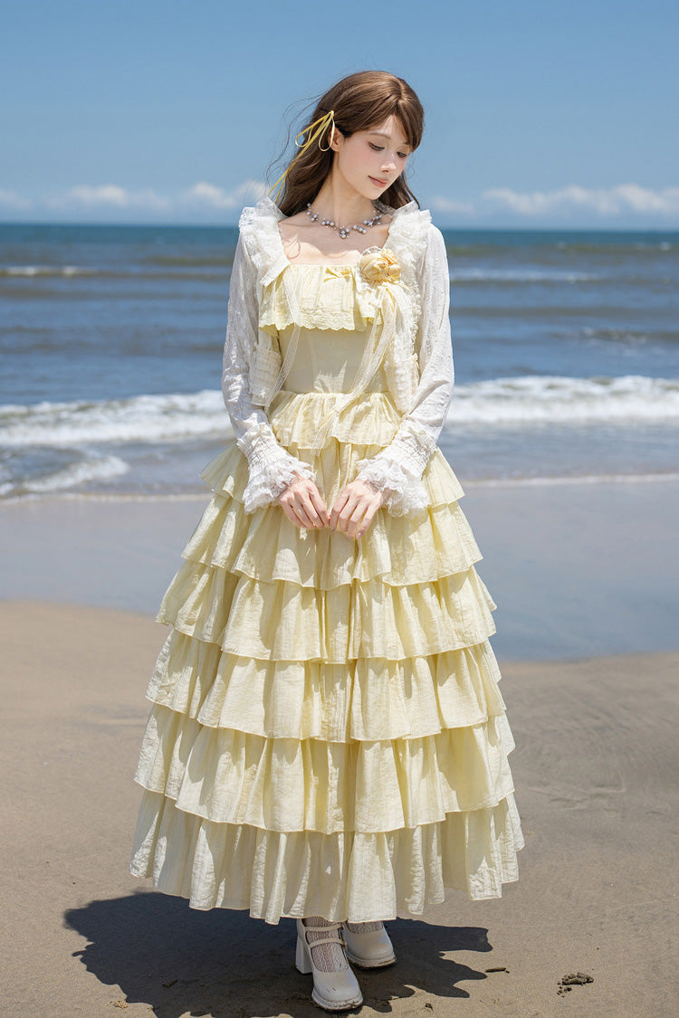 [Bubble Rain] Flutter Sleeves Multi-Layered Ruffled Sweet Lolita Jsk Dress 2 Colors (Yellow, Blue) - Product - 18