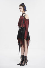 Red Off Shoulder Buckle Sheer Crop Women's Gothic Shirt - Product - 5