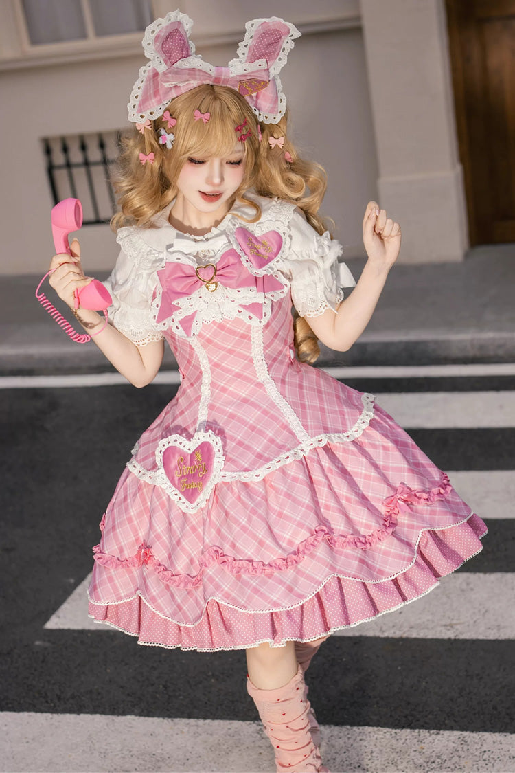 Pink [Candy Cream Puff Strawberry Cake] Multi-Layered Printed Ruffled Bow Plus Size Sweet Princess Lolita Dress 2 Versions - Pink(JSK) - 1