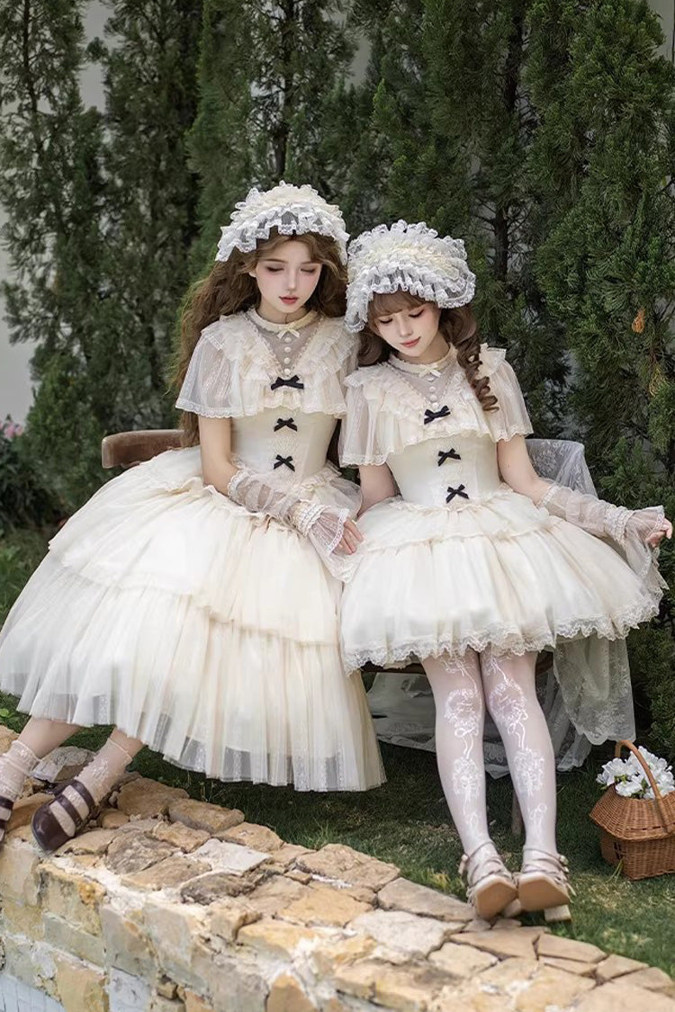 Ivory [The Oath of White Mist] Edwardian Collar Long Sleeves Multi-Layered Ruffled Bow Lace Fishbone Sweet Lolita Dress 2 Versions - Product - 8