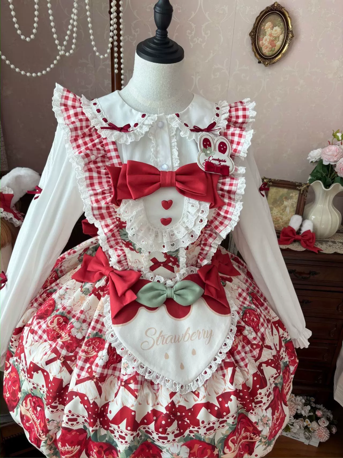 Strawberry Print Ruffled Maid Lolita Dress Set with Apron - view 9