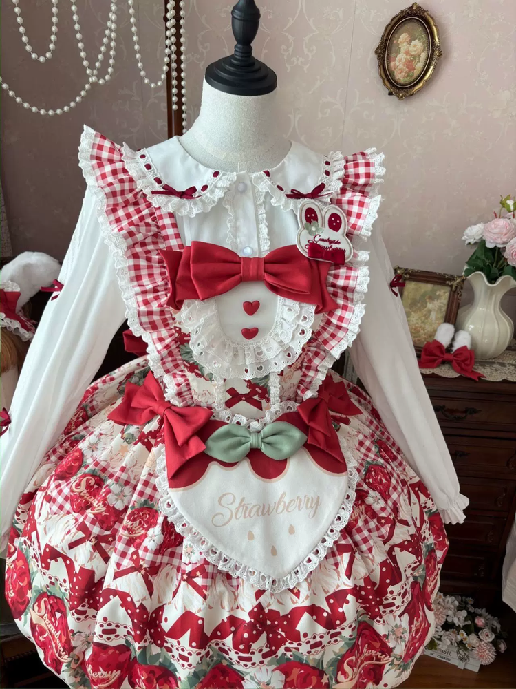 Strawberry Print Ruffled Maid Lolita Dress Set with Apron - view 9