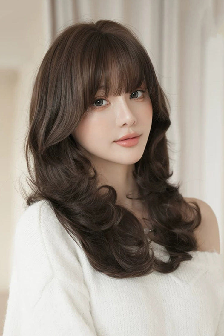 Black Brown Full Air Bangs Multi-Layered Sweet Daily Lolita Length Wig - Product - 2