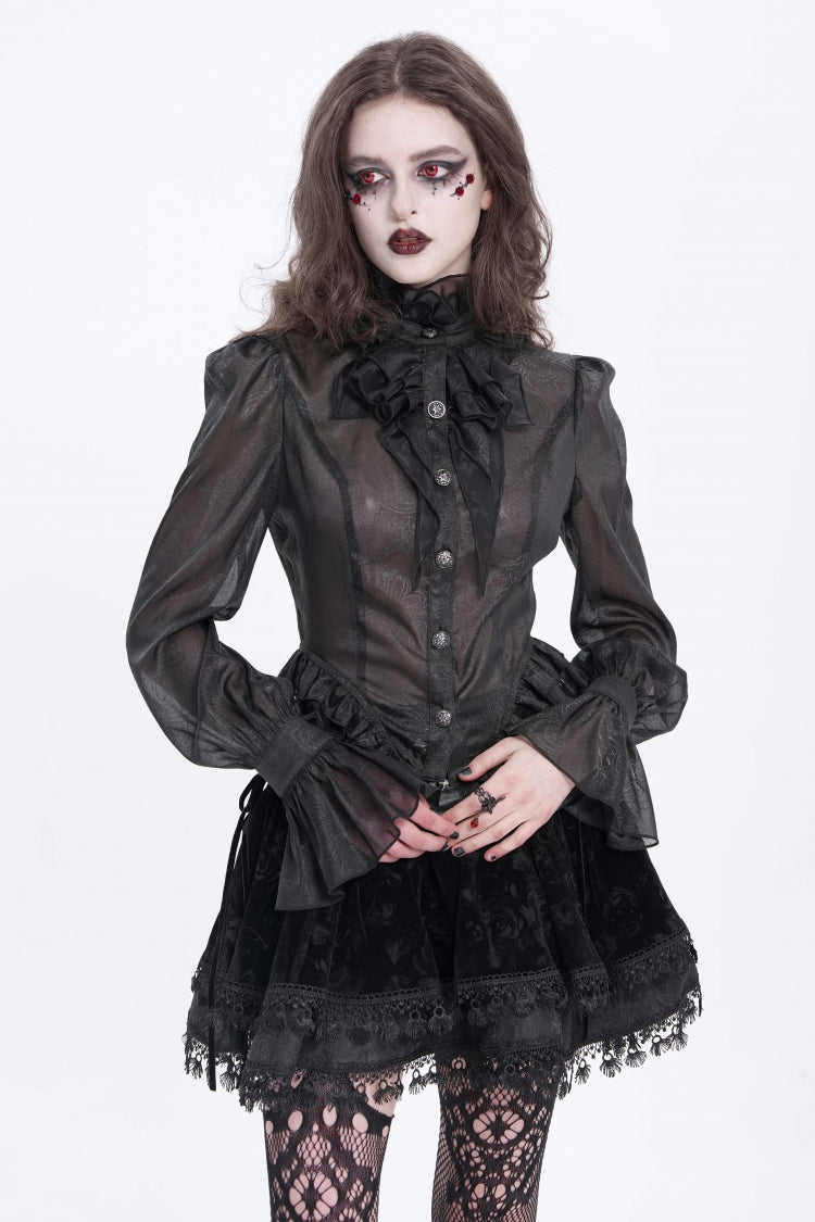Black Stand Collar Ruffle Sheer Women's Swallow-tailed Gothic Blouse - Product - 4