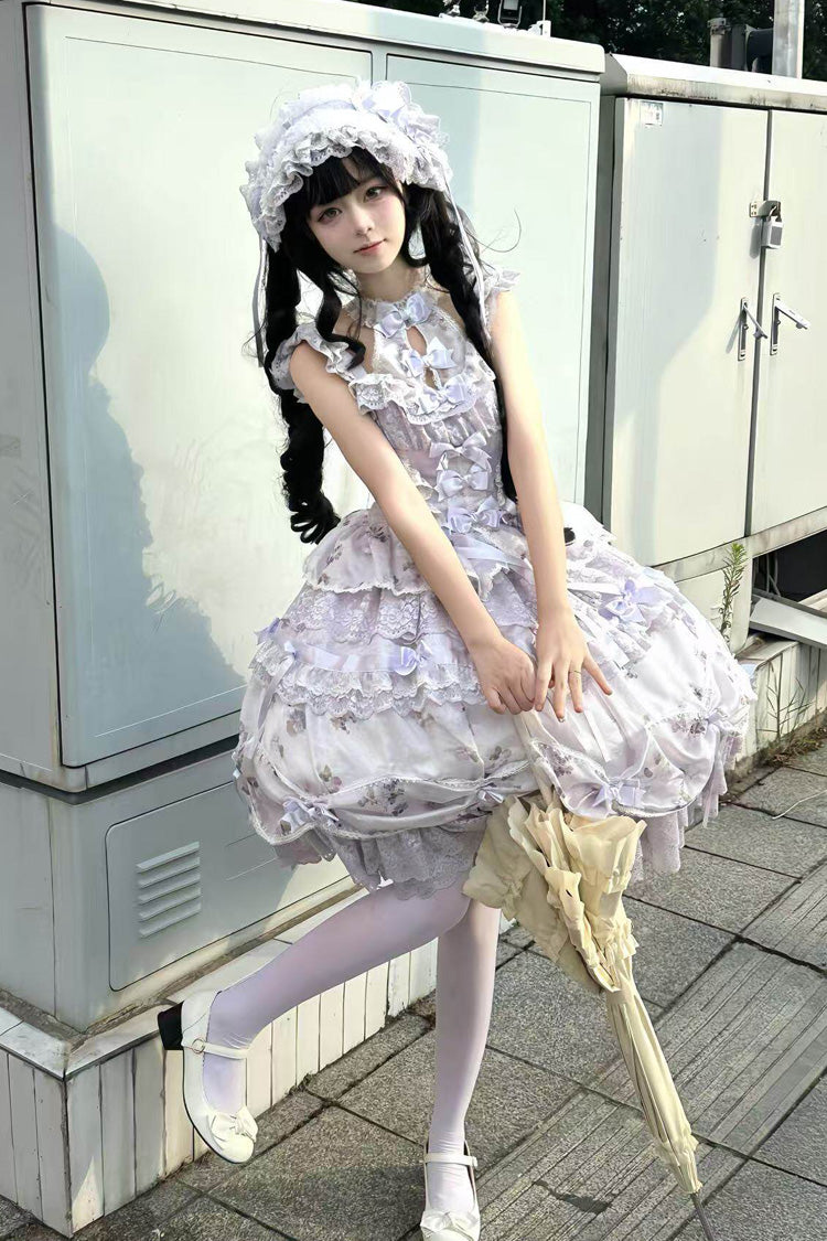 Purple Halterneck Sleeveless Printed Embroidered Bow Sweet Lolita Jsk Dress - Product - 4