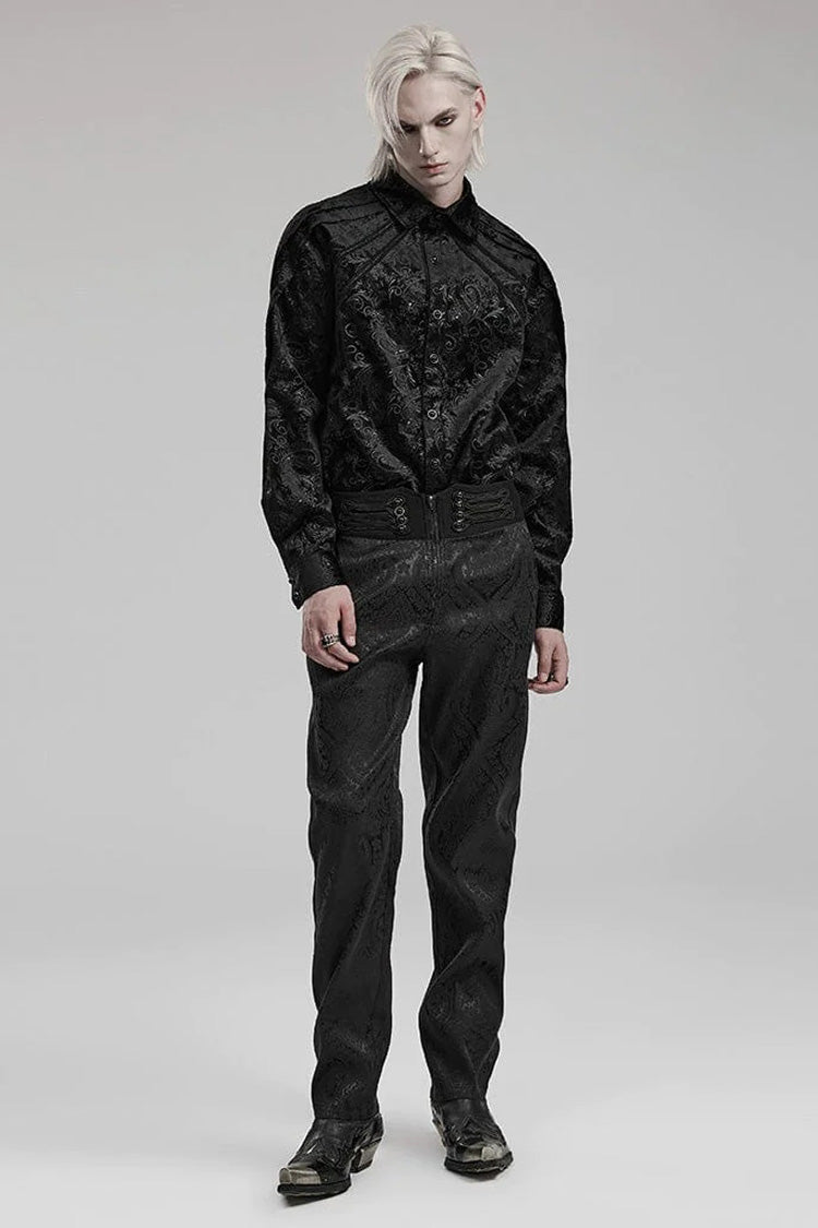 Black Long Sleeves Dark Pattern Print Webbing Decoration Mens Gothic Blouse - Product - 4