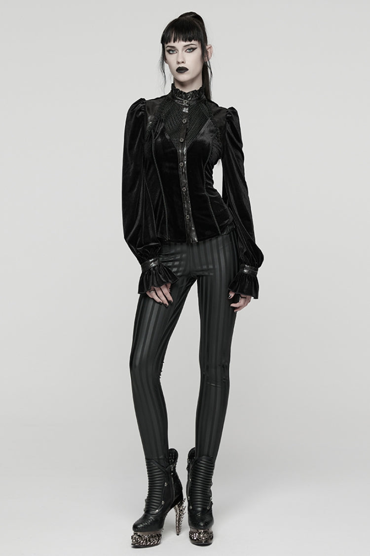 Black Stand Collar Long Puff Sleeves Stitching Lace-Up Women's Gothic Coat - Product - 4