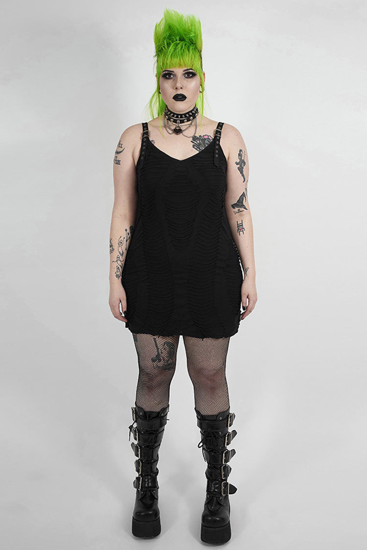 Black Metal Eyelets Strap Irregular Knit Plus Size Women's Punk Sling Dress - Product - 4