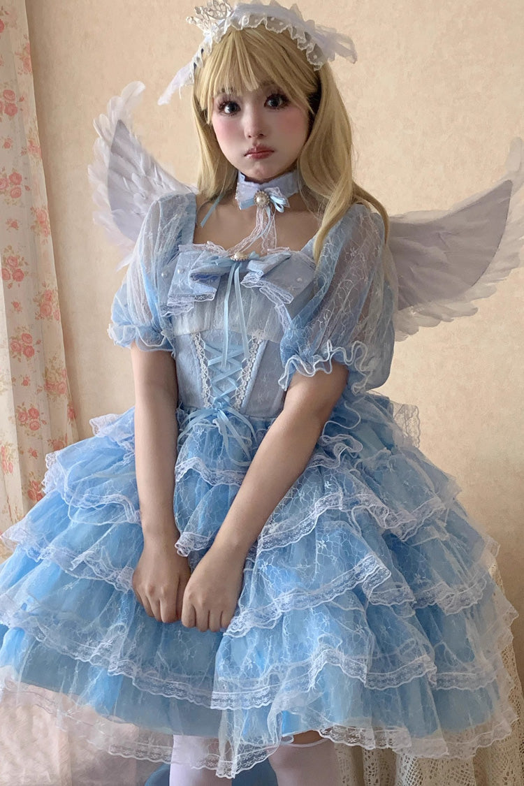 Blue Short Sleeves Multi-Layered Ruffle Hanayome Bowknot Lace Plus Size Sweet Lolita Dress - Blue - 1