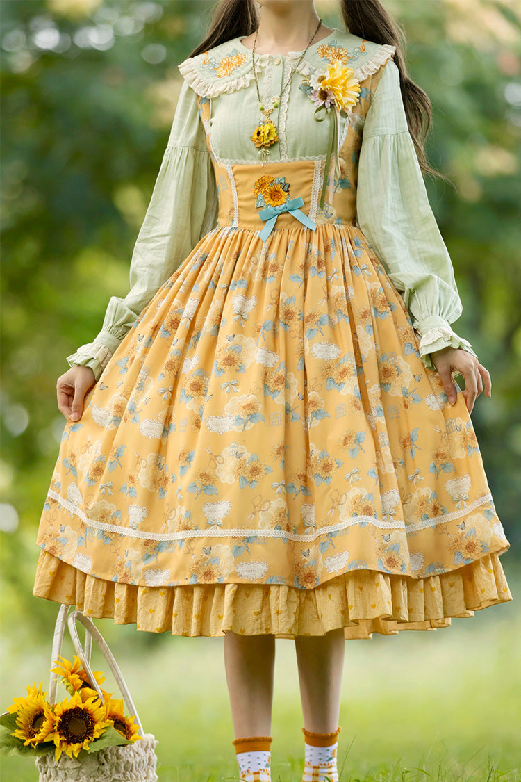 Yellow [Gardening Sunflower] Sleeveless Print Ruffle Bowknot Sweet Elegant Uplift Lolita Jsk Dress - Product - 7