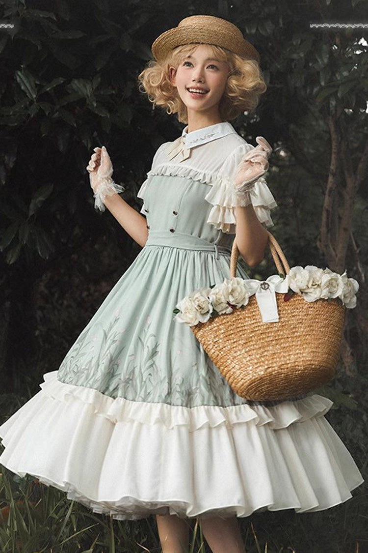 White/Green Lapel Collar Wizard Of Oz Short Sleeves Ruffle Bowknot Sweet Lolita Dress - Product - 2