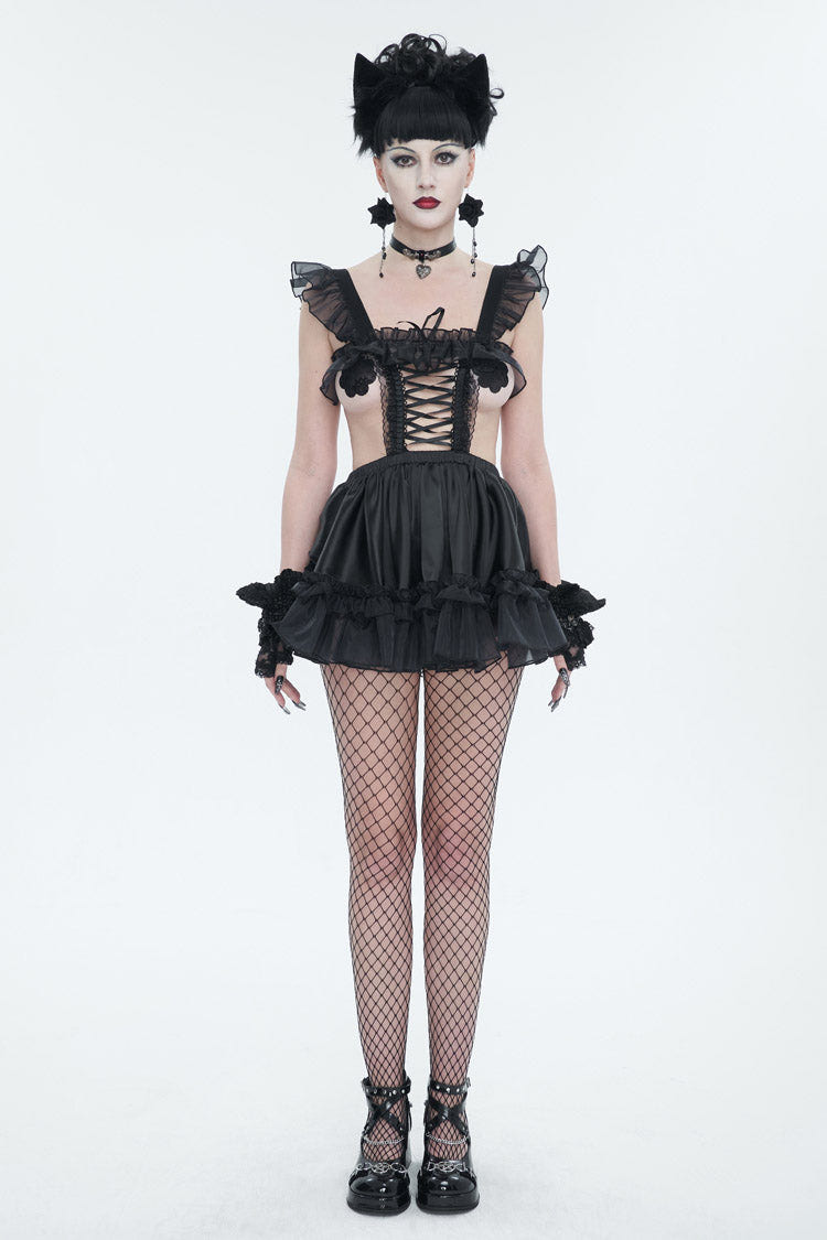 Black Glossy Sheer Ruffled Stretch Sexy Women's Gothic Maid Dress - Product - 3
