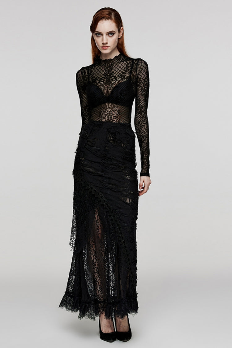 Black Stitching Lace Ripped Women's Gothic Skirt - Product - 4