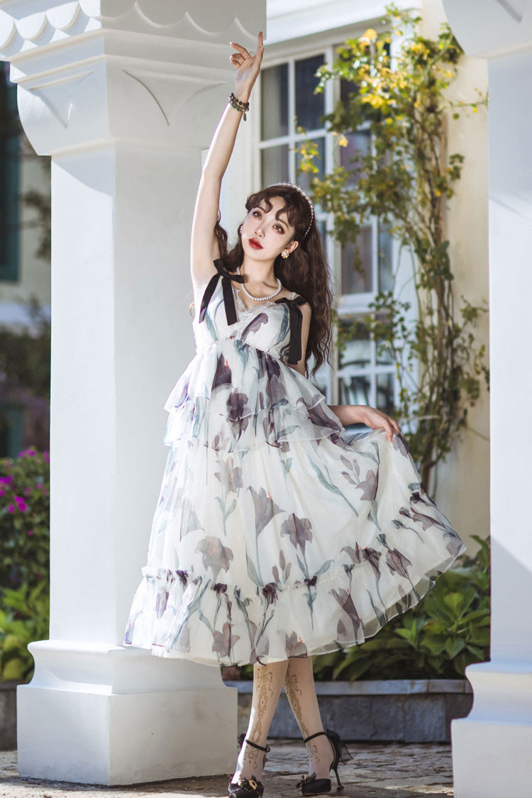 Ivory [Black Lily] V Collar Sleeveless Multi-Layered Printed Ruffled Bow Sweet Lolita Jsk Dress - Product - 4