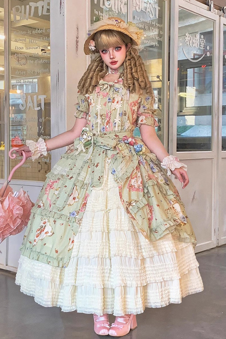 Green [Cat Rose Tea] Short Sleeves Print Ruffle Cardigan Bowknot Daily Sweet Lolita Dress - Product - 6