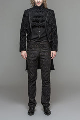 Black Gothic Floral Patterned Flocking Short Front And Long Back Open Mens Coat - Black - 1