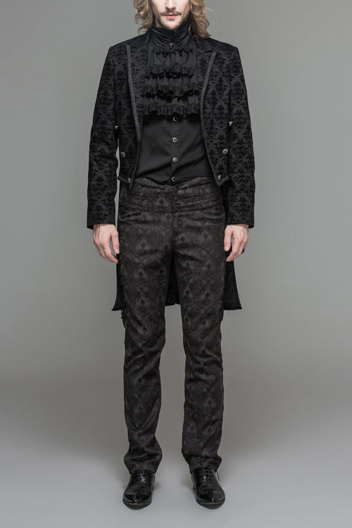 Black Gothic Floral Patterned Flocking Short Front And Long Back Open Mens Coat - Black - 1