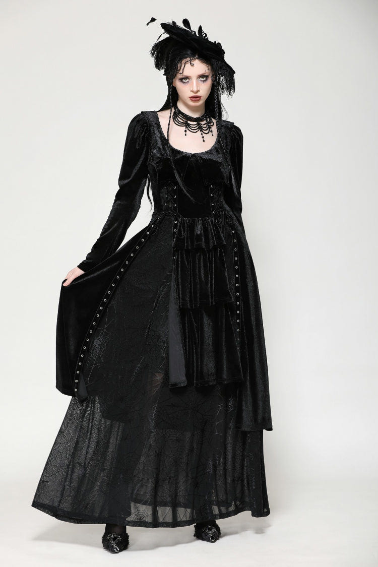 Black Long Sleeves Eyelets Side Slit Women's Gothic Maxi Dresses Wedding Dress - Product - 7