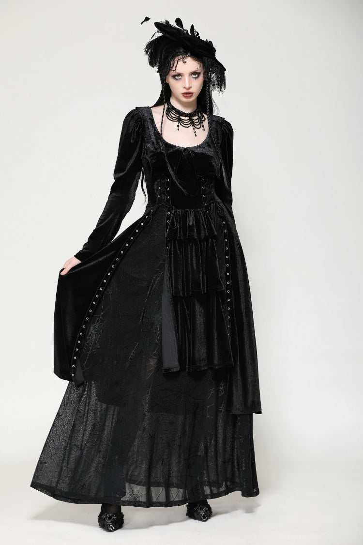 Black Long Sleeves Eyelets Side Slit Women's Gothic Maxi Dresses Wedding Dress - Product - 7