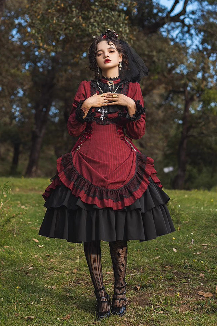 Point Manor Solid Color Stand Collar Long Sleeves Multi-layer Ruffle Gothic Lolita Dress 5 Colors - Product - 7