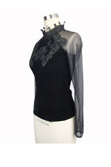 Black High Collar Front Chest Rose Decals Mesh Long Sleeve Rose Embossed Velvet Women's Gothic T-Shirt - Product - 8