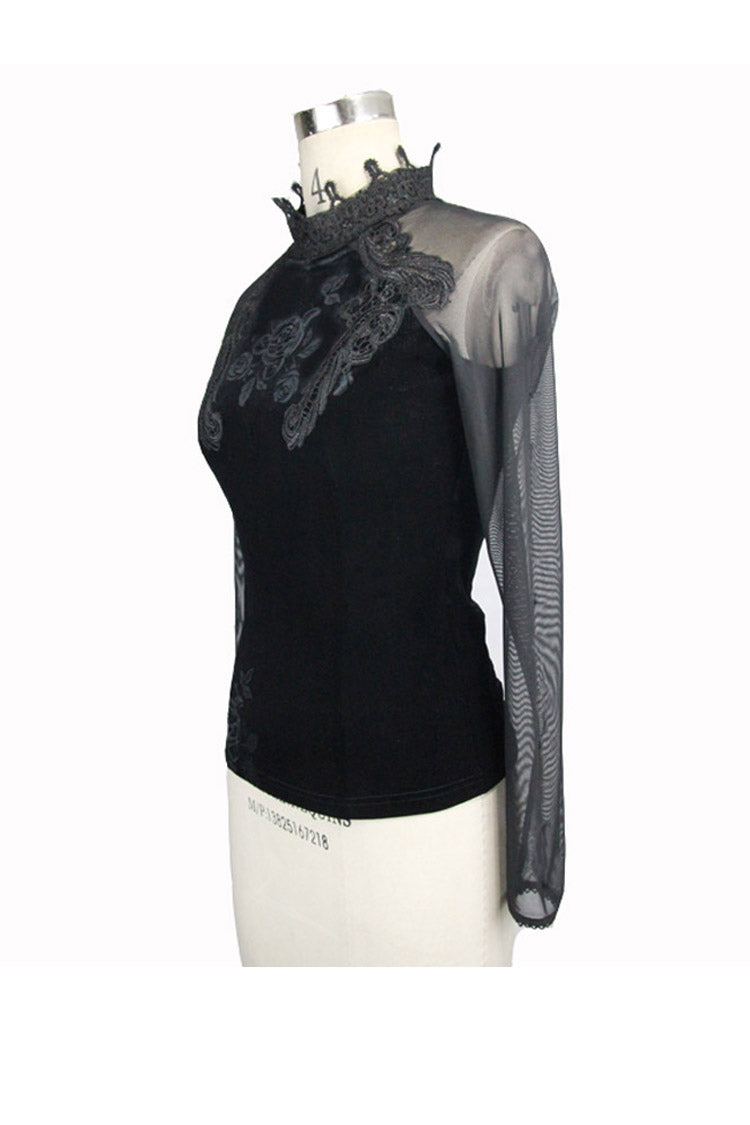 Black High Collar Front Chest Rose Decals Mesh Long Sleeve Rose Embossed Velvet Women's Gothic T-Shirt - Product - 8