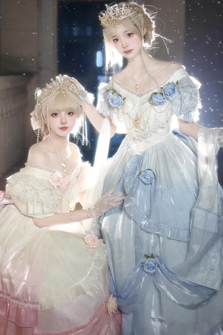 Gradient Color Short Sleeves Multi-layer Ruffle Bowknot Sweet Elegant Princess Lolita Dress 3 Colors - Blue - 3