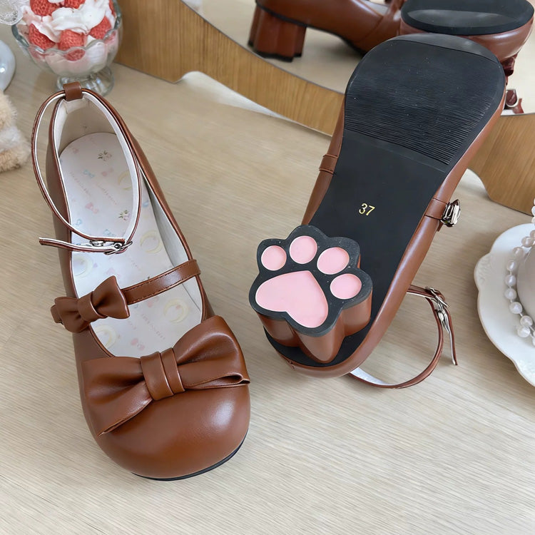 Round Toe Bow Mid Heel Lolita Mary Jane Shoes with Cat Paw Heels 7 Colors - Chocolate-Brown - 7