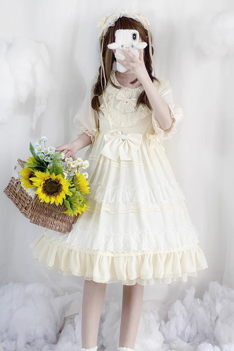 Beige Lace Cool Angel Short Sleeves Bowknot Ruffle Sweet Lolita Dress - Product - 9