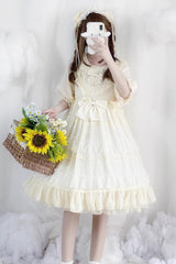 Beige Lace Cool Angel Short Sleeves Bowknot Ruffle Sweet Lolita Dress - Product - 9