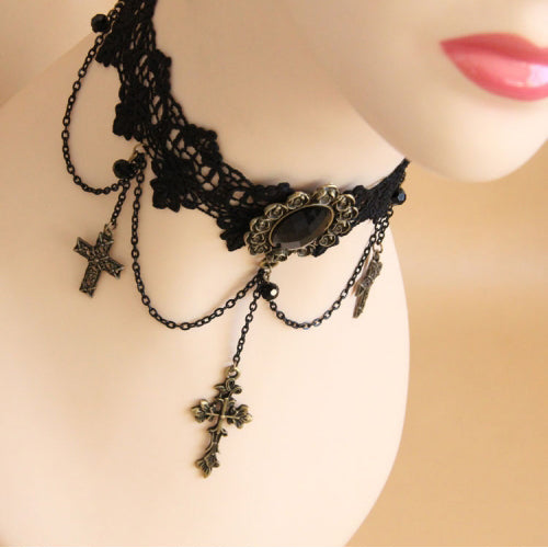 Black Retro Exaggerated Cross Collar Harajuku Style Lace Gothic Lolita Necklace - Product - 3