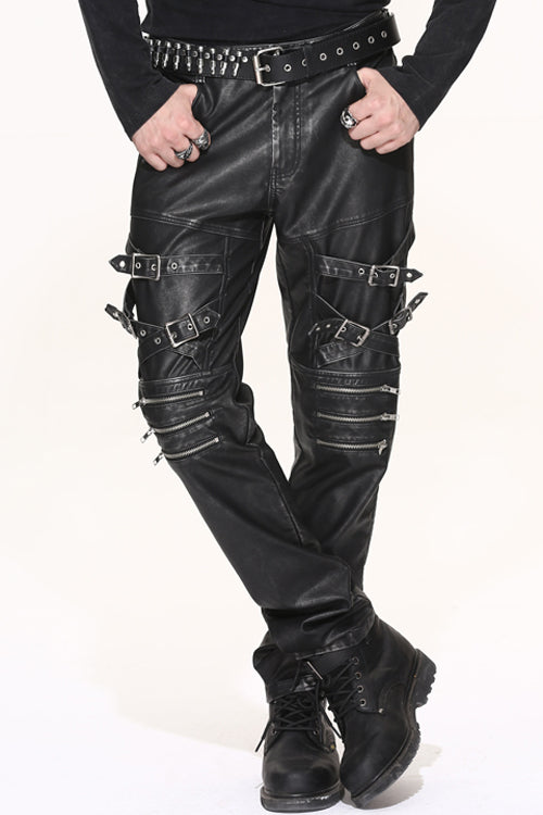Black Punk Rock Biker Multi Loops Silver Zipper Hand Rubbed Leathers Mens Pants - Black - 1