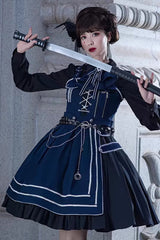 Blue Ruffle Lace-Up Gothic Military Handsome Lolita Dress - Product - 3