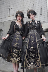 Black [Nightmare of Horus] Print Ruffle Hot Stamping Gothic Gorgeous Lolita Jsk Short Dress - Product - 4