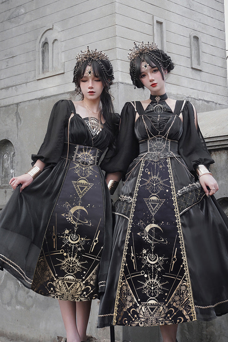 Black [Nightmare of Horus] Print Ruffle Hot Stamping Gothic Gorgeous Lolita Jsk Short Dress - Product - 4